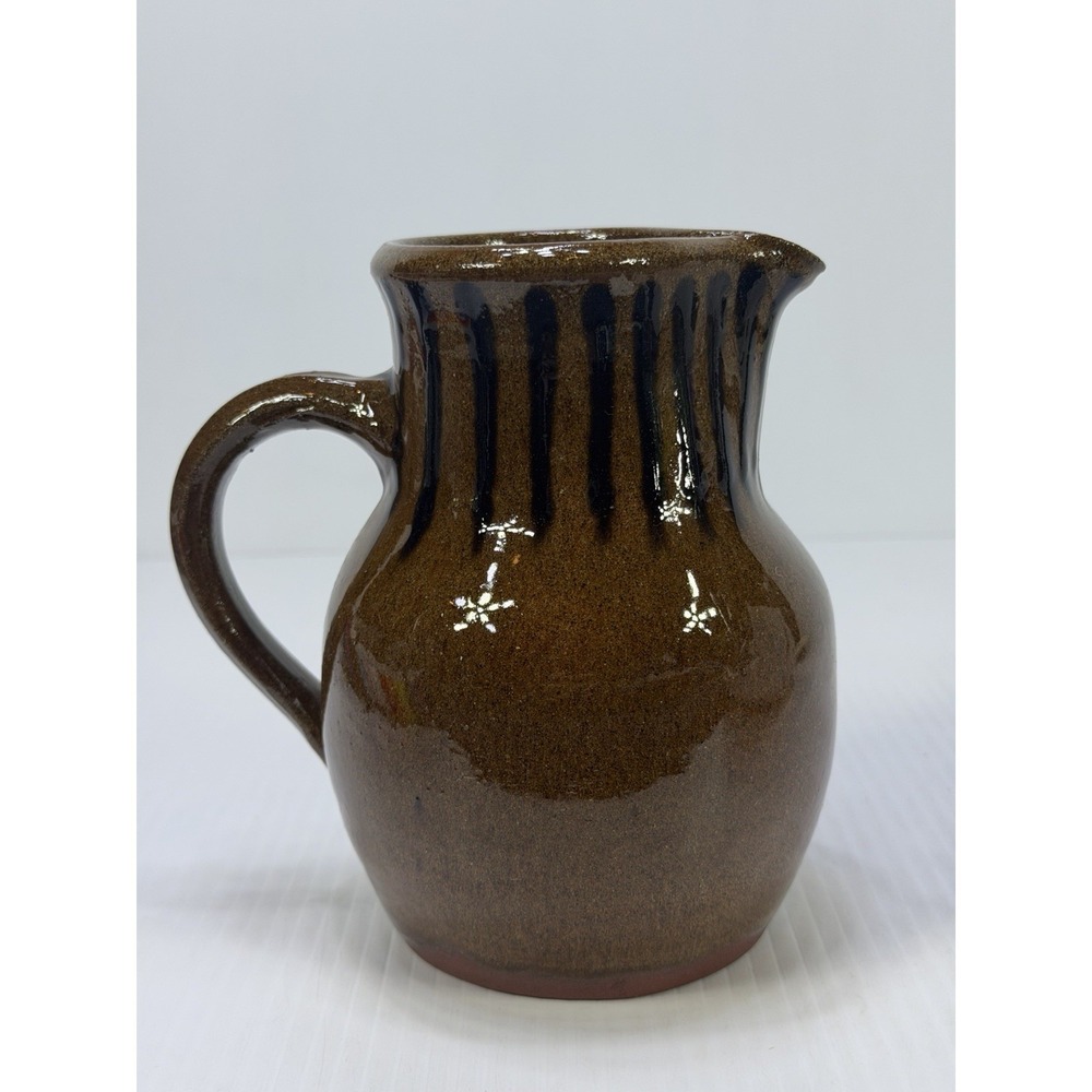 Redware Brown Vertical‎ Strips Speckled Salt Glaze Pottery Pitcher Hand Thrown